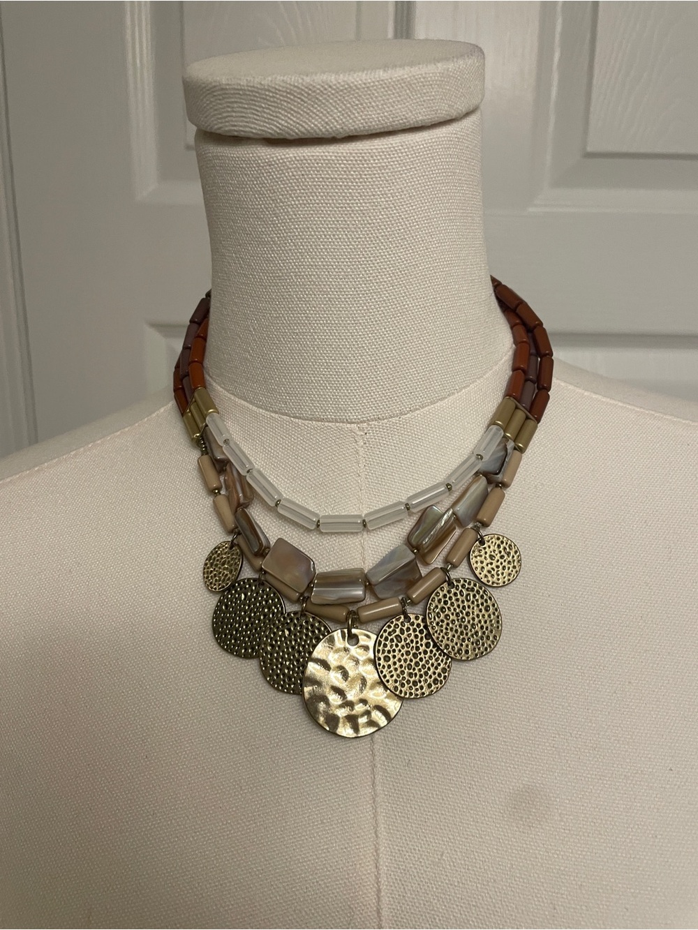 Boho Layered Hammered Brass Disc Beaded Bib Statement Necklace